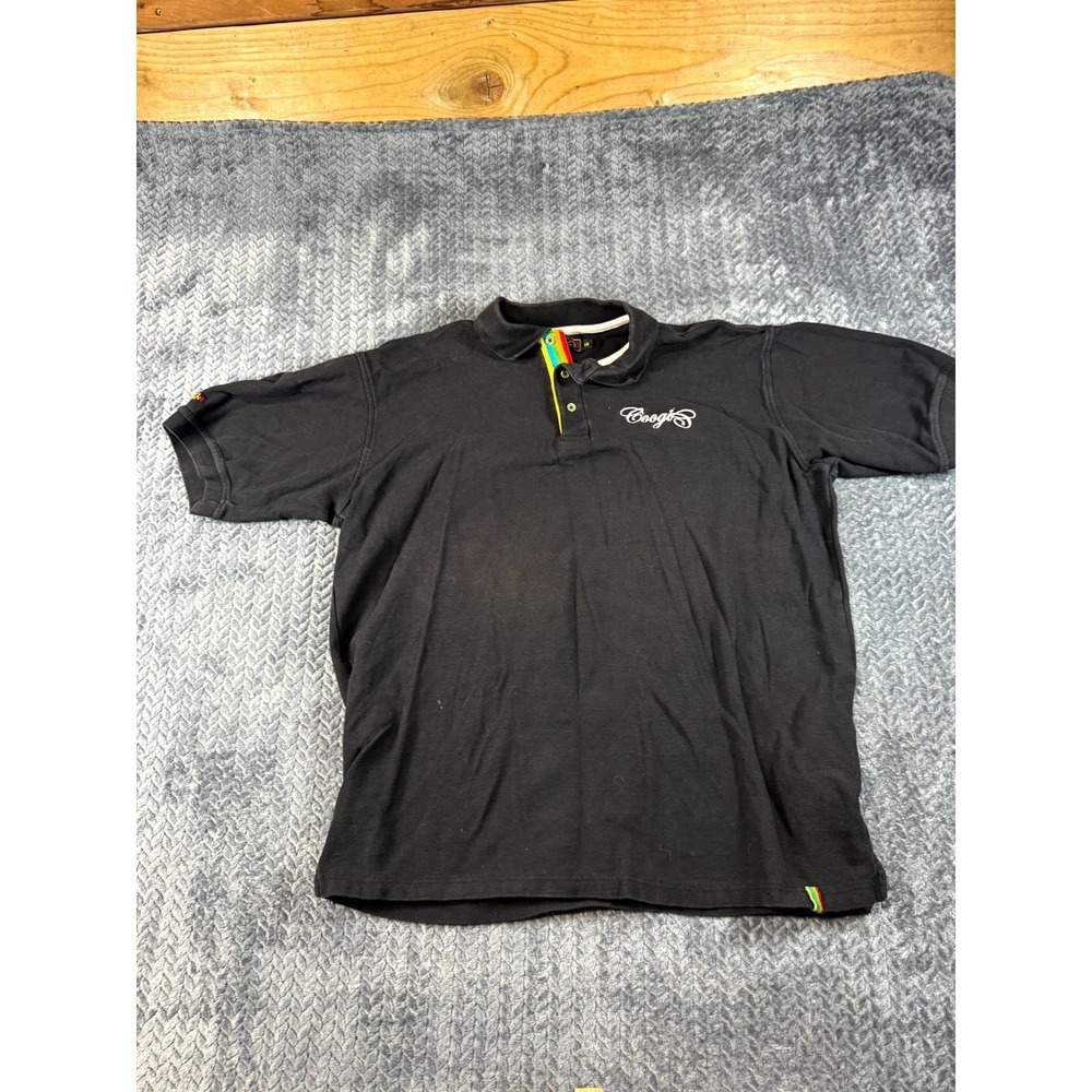 COOGI Polo Shirt Mens 2XL Black Knit Cotton Rainbow Placket Embroidered Golf